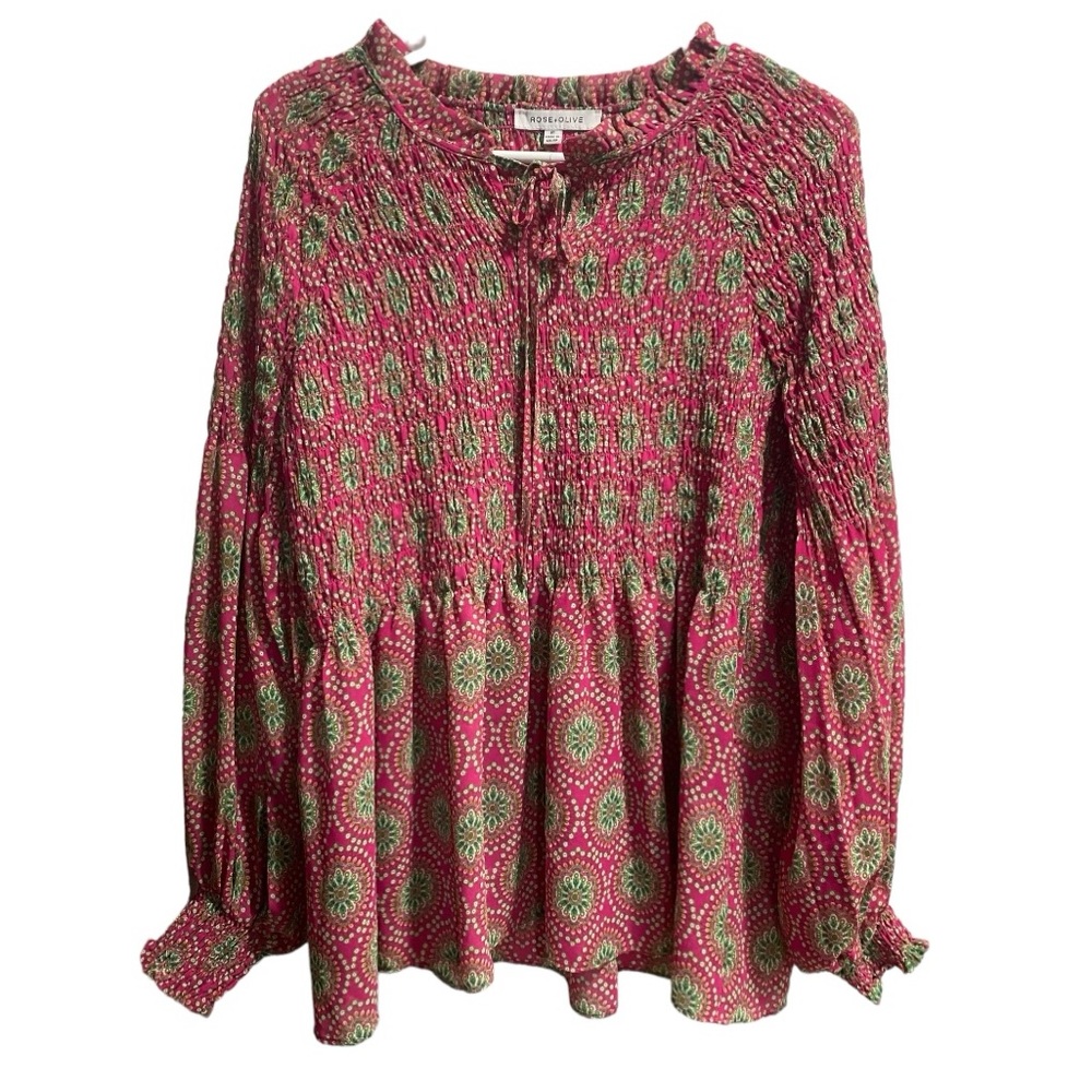 Rose + Olive Pink‎ and Green Boho Smocked Long Sleeve Blouse size Medium